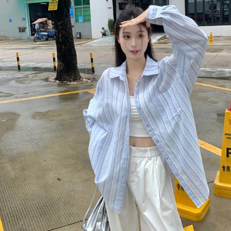 青ファッション さわやか縦縞ゆったりシャツ