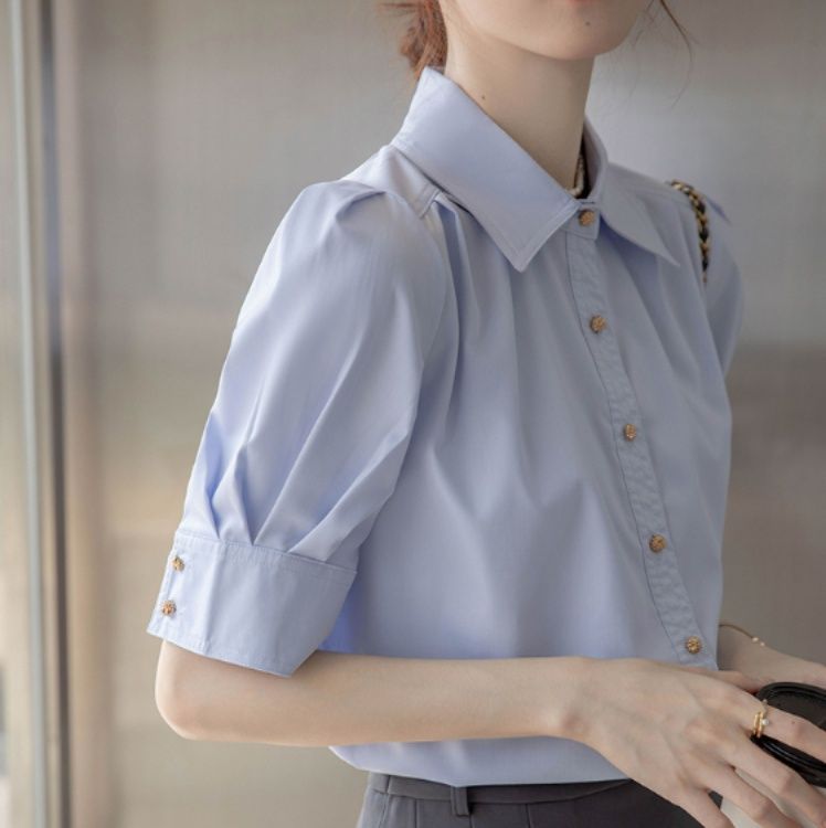 青ファッション パフスリーブ清楚シャツ