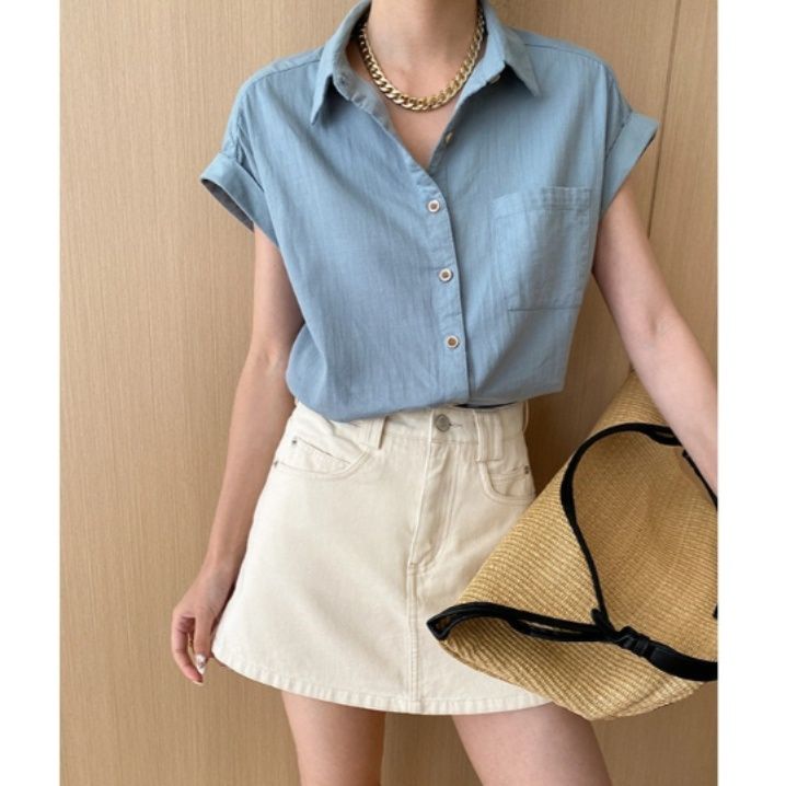 青ファッション フレンチロールアップシャツ