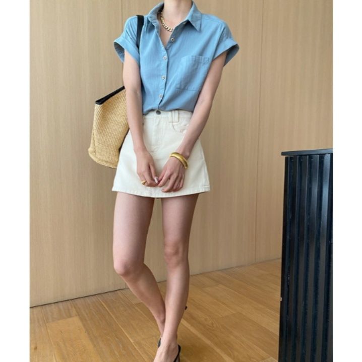 青ファッション フレンチロールアップシャツ
