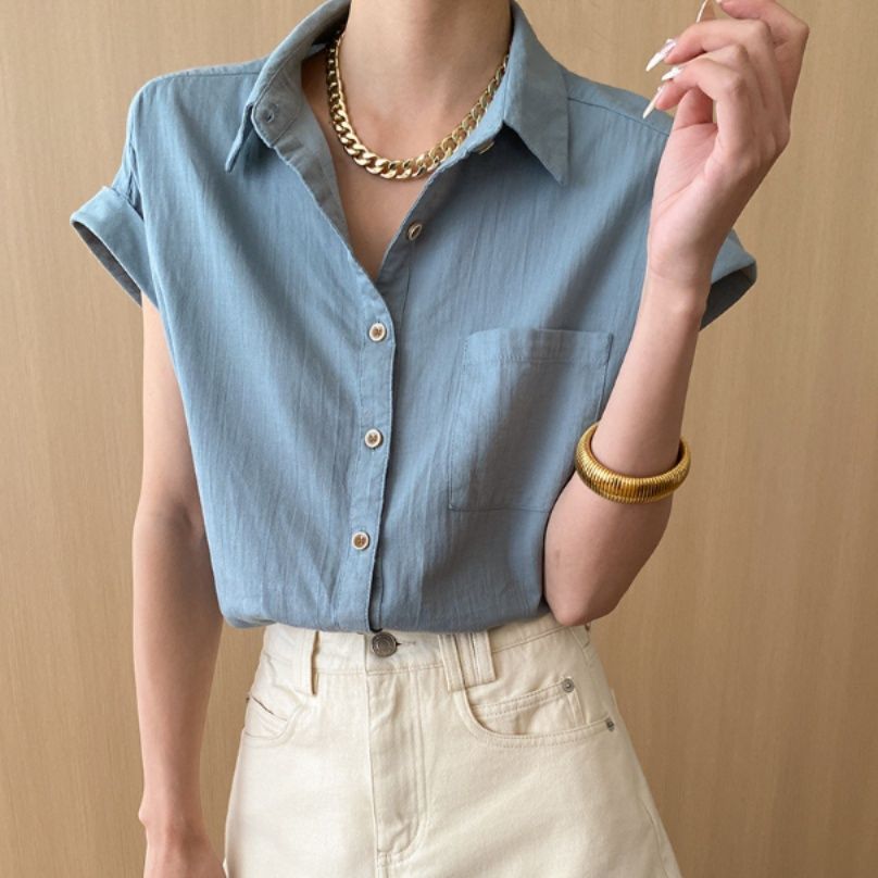 青ファッション フレンチロールアップシャツ