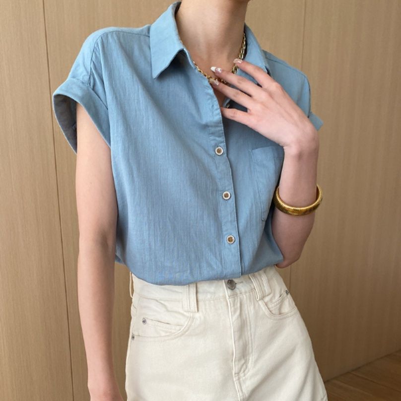 青ファッション フレンチロールアップシャツ