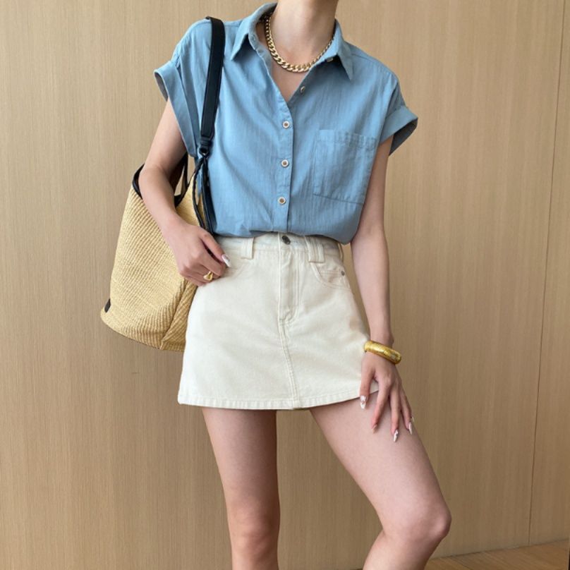 青ファッション フレンチロールアップシャツ
