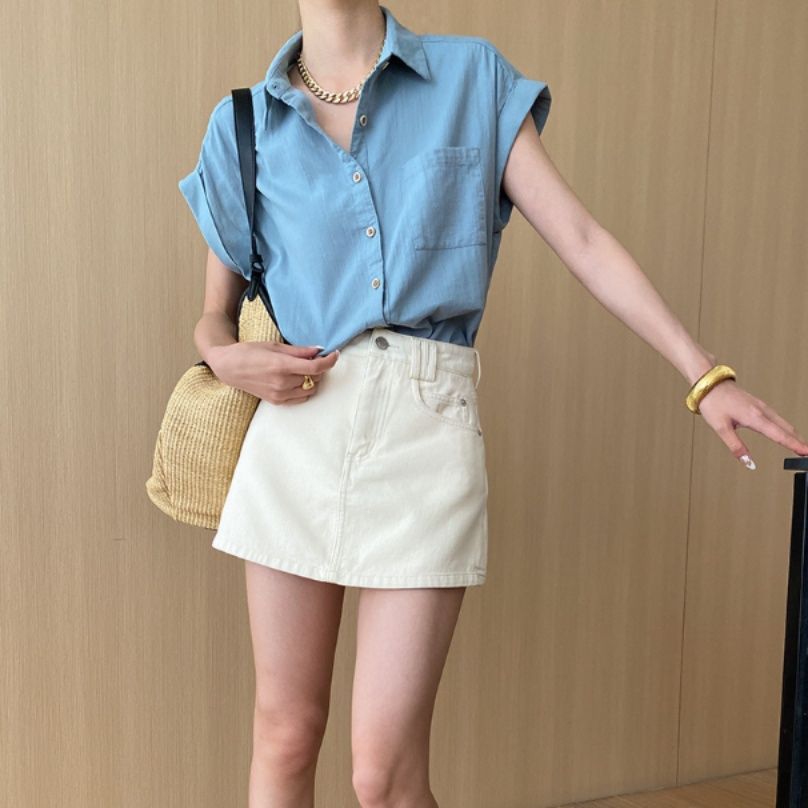 青ファッション フレンチロールアップシャツ