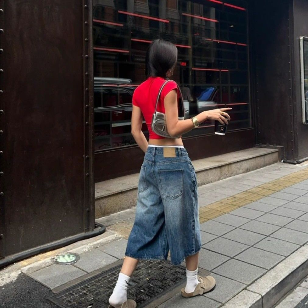 青ファッション ゆったりワイドガウチョパンツ