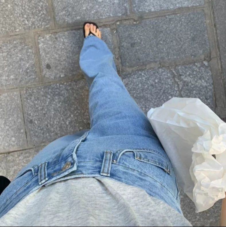 青ファッション ゆったりワイドデニムパンツ