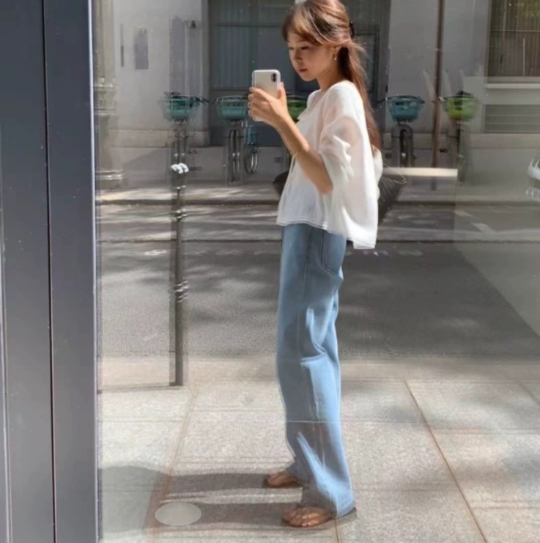 青ファッション ゆったりワイドデニムパンツ