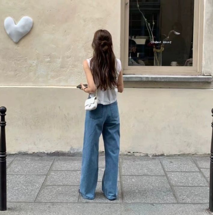 青ファッション ゆったりワイドデニムパンツ
