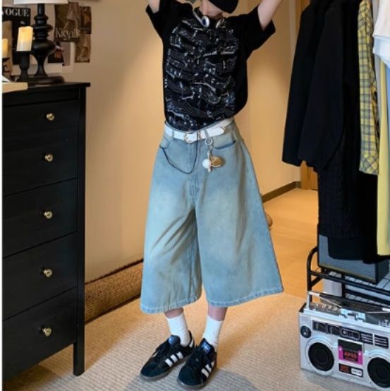青ファッション カラフル刺繍デニムワイドパンツ