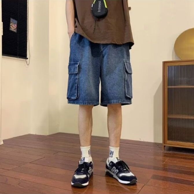 青ファッション ゆったりデニムハーフパンツ