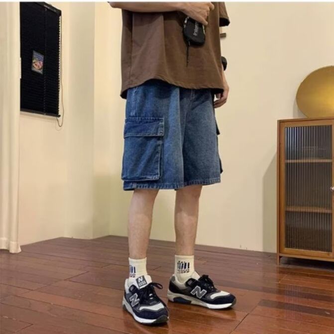 青ファッション ゆったりデニムハーフパンツ