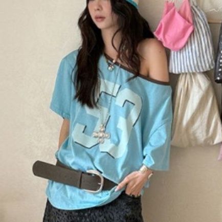 青ファッション オフショルダーナンバリングシャツ