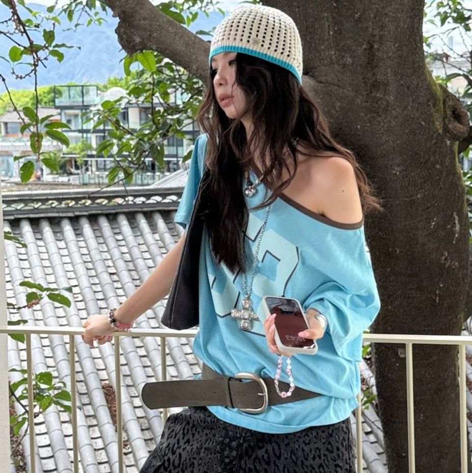青ファッション オフショルダーナンバリングシャツ