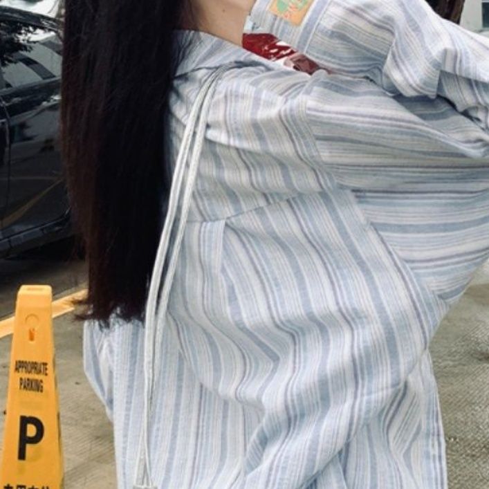 青ファッション さわやか縦縞ゆったりシャツ