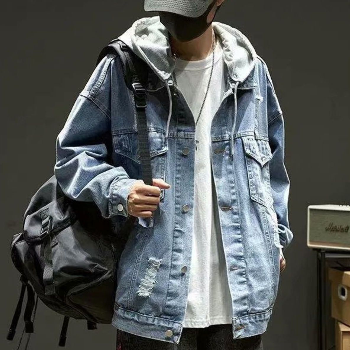 青ファッション バックロゴ フーディデニムジャケット