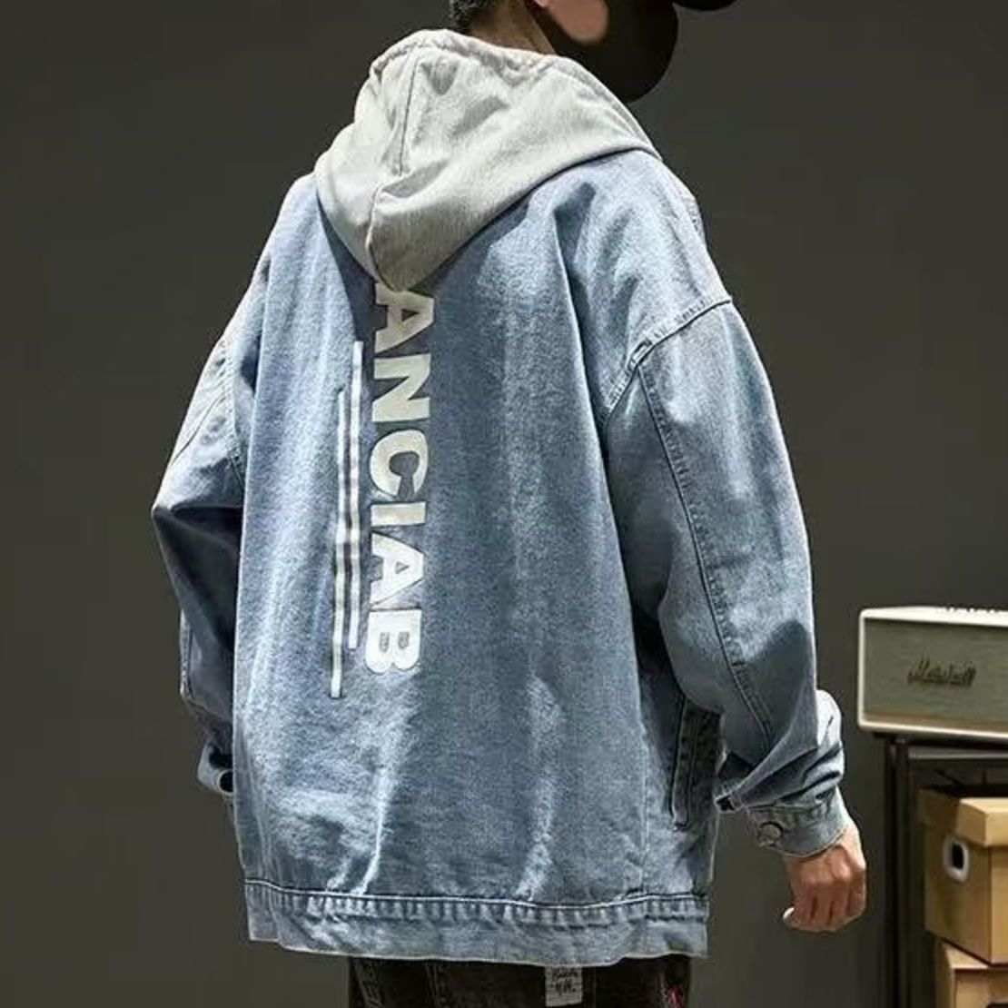 青ファッション バックロゴ フーディデニムジャケット
