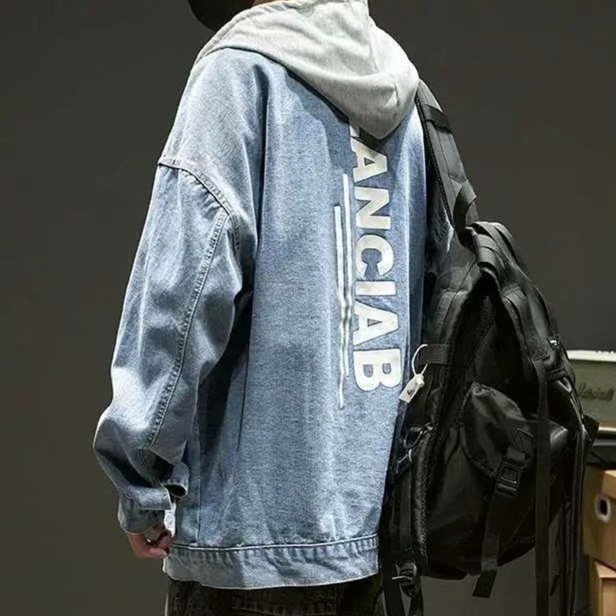 青ファッション バックロゴ フーディデニムジャケット