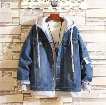 青ファッション 重ね着風フード付きデニムジャケット
