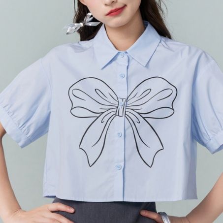 青ファッション リボン刺繍入り半袖クロップドシャツ