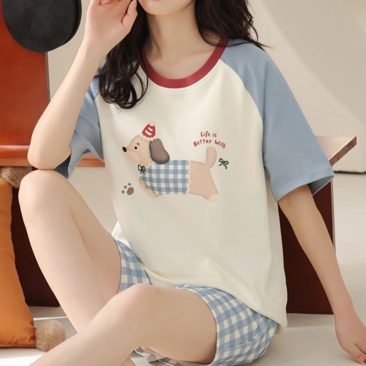 青ファッション わんちゃん格子柄ルームウェア