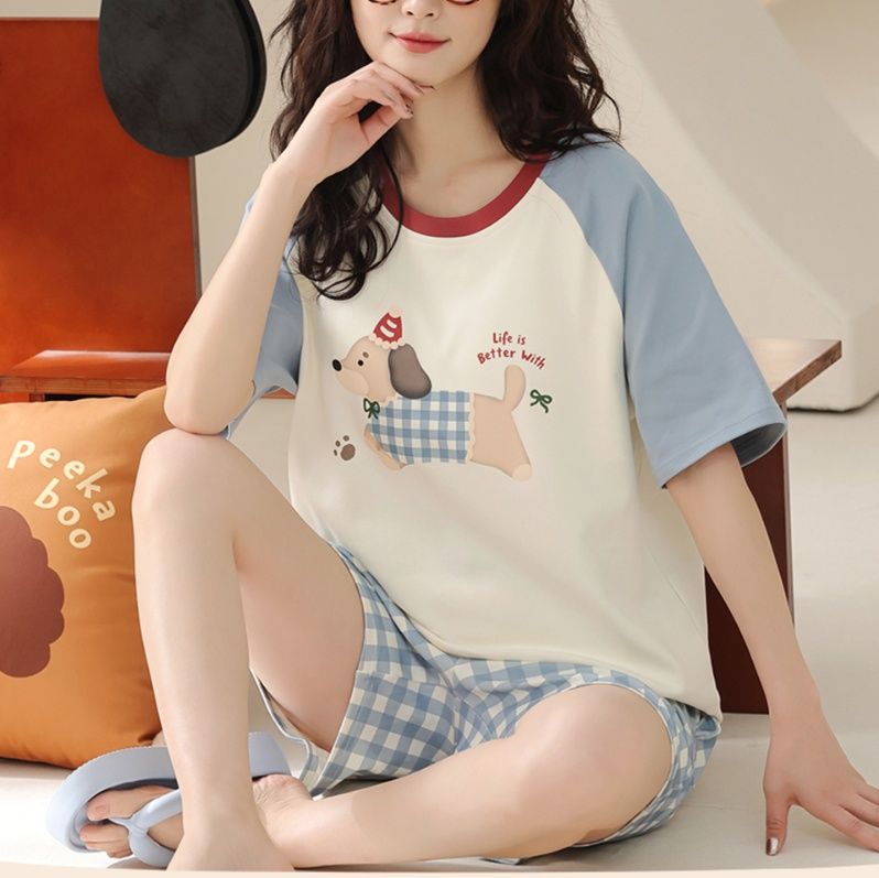 青ファッション わんちゃん格子柄ルームウェア