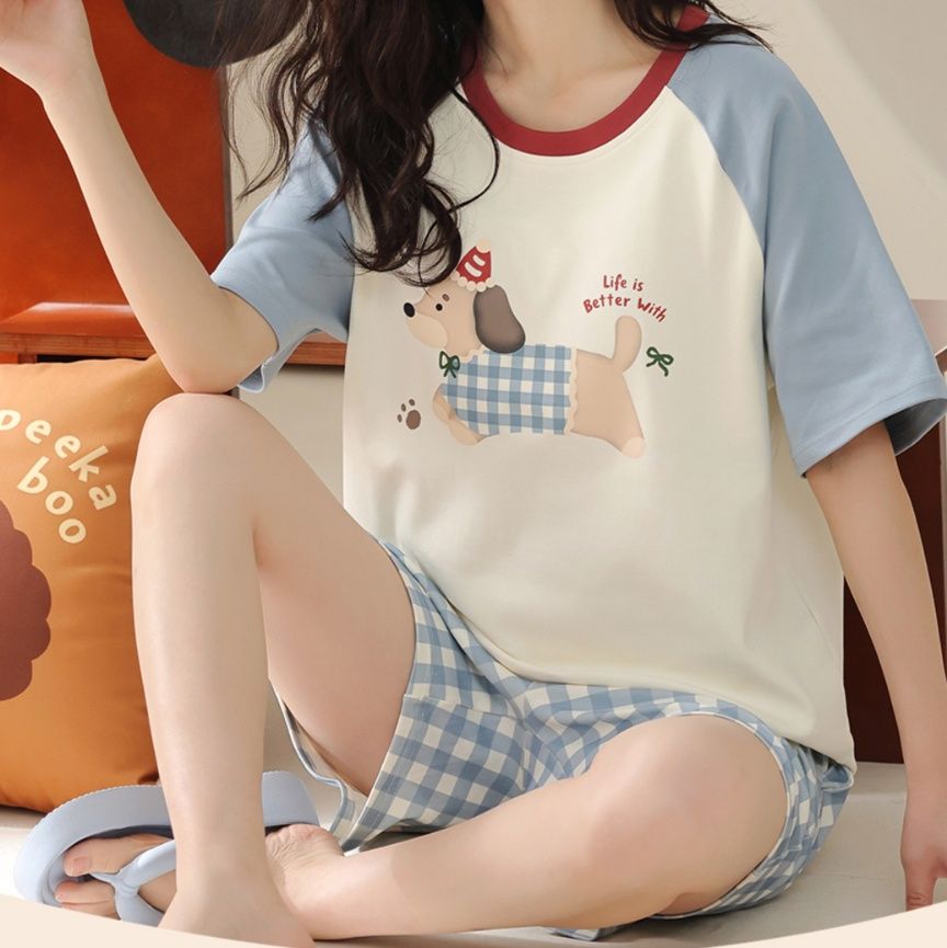 青ファッション わんちゃん格子柄ルームウェア