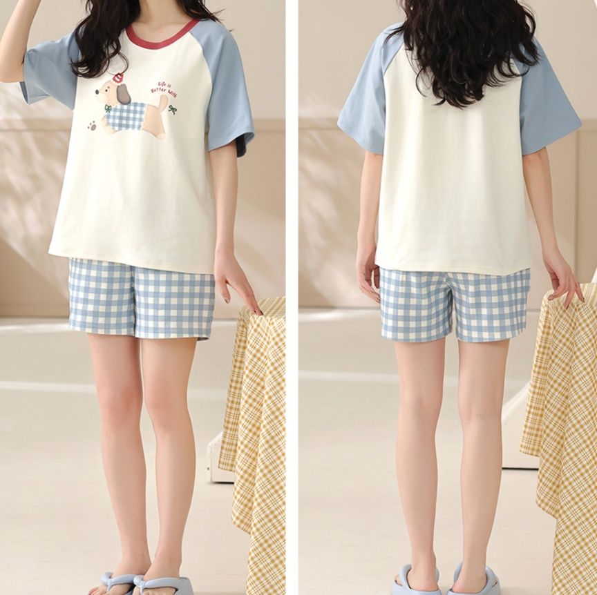 青ファッション わんちゃん格子柄ルームウェア