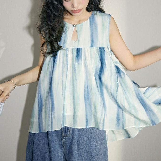 青ファッション 涼風水彩ノースリーブブラウス