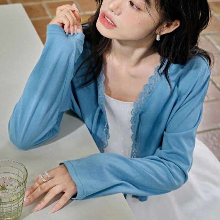青ファッション レース縁取りショートカーディガン