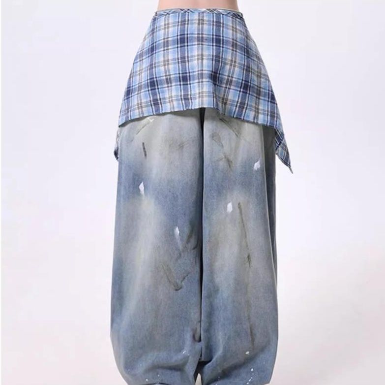 青ファッション チェック重ね風デニムワイドパンツ