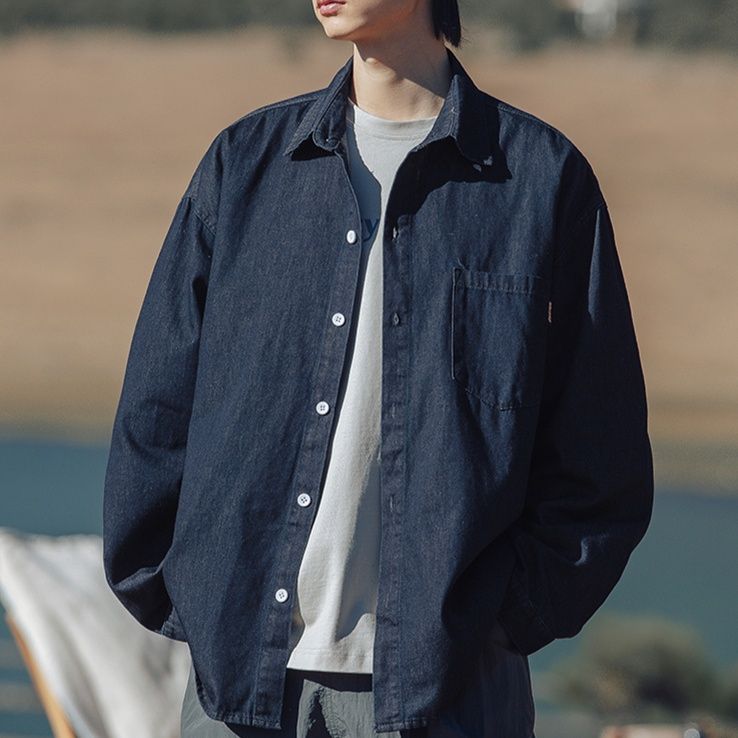 青ファッション アウトドア風デニムシャツ