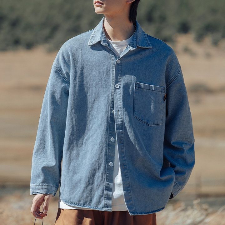 青ファッション アウトドア風デニムシャツ