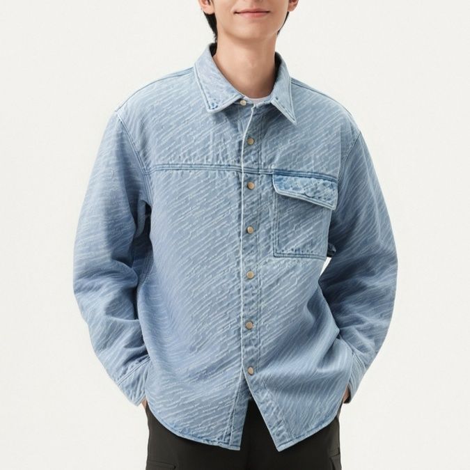 青ファッション ストライプ柄ポケット付きシャツ