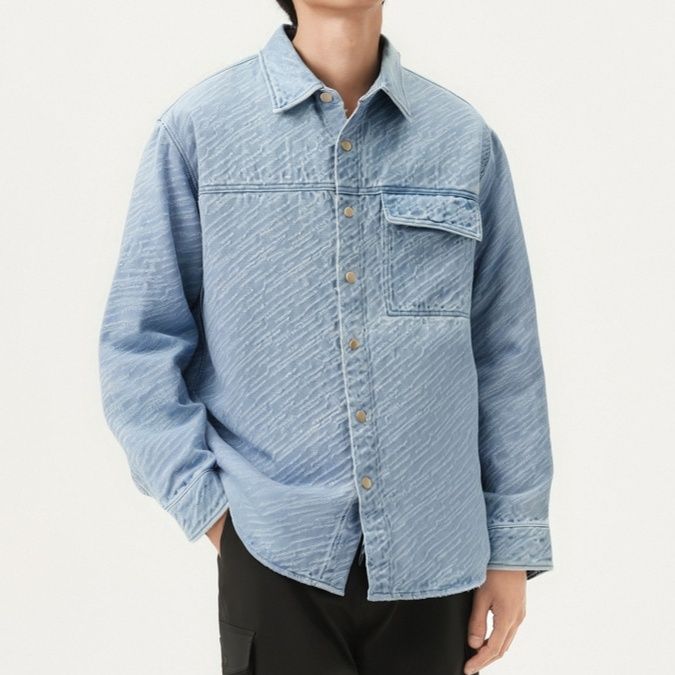 青ファッション ストライプ柄ポケット付きシャツ