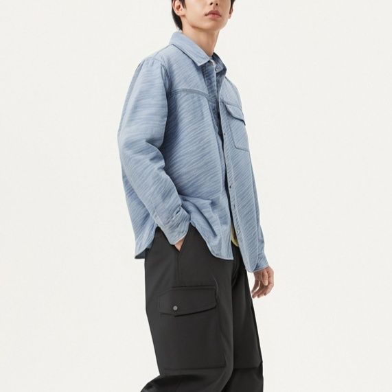 青ファッション ストライプ柄ポケット付きシャツ