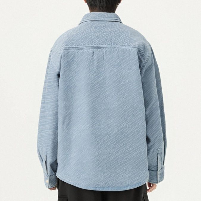 青ファッション ストライプ柄ポケット付きシャツ