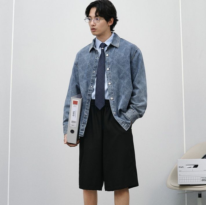 青ファッション ビンテージ風デニムシャツ