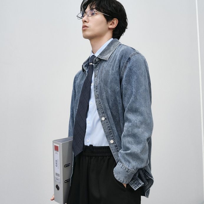 青ファッション ビンテージ風デニムシャツ