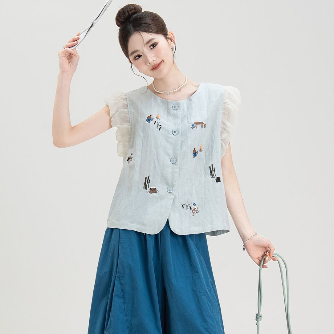 青ファッション 刺繍物語フリルスリーブブラウス