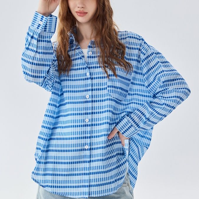 青ファッション 爽やかチェックゆったりブラウス