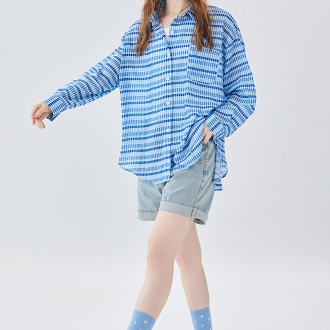 青ファッション 爽やかチェックゆったりブラウス
