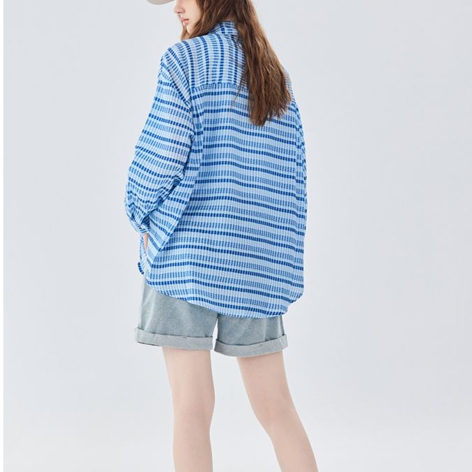 青ファッション 爽やかチェックゆったりブラウス