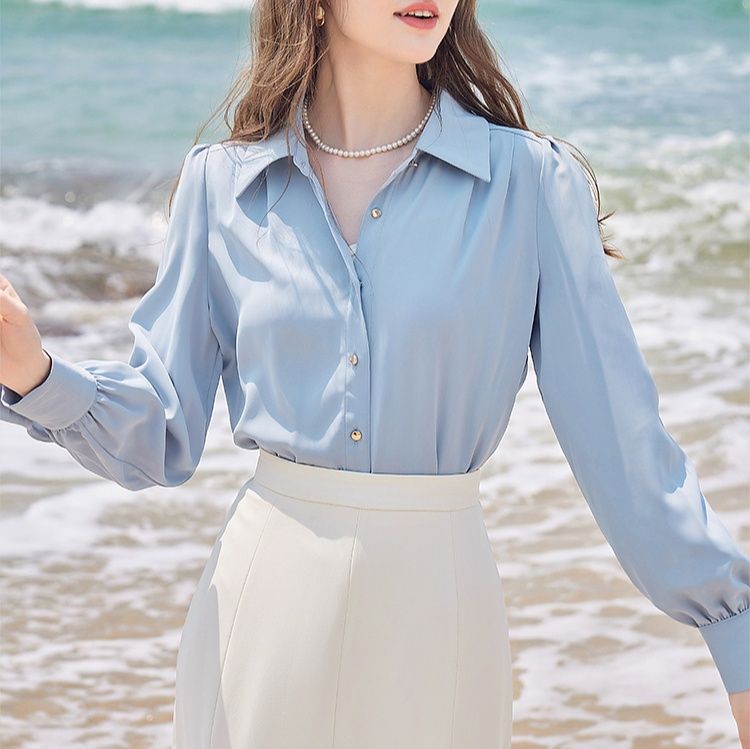 青ファッション 海辺の風 シルクタッチブラウス