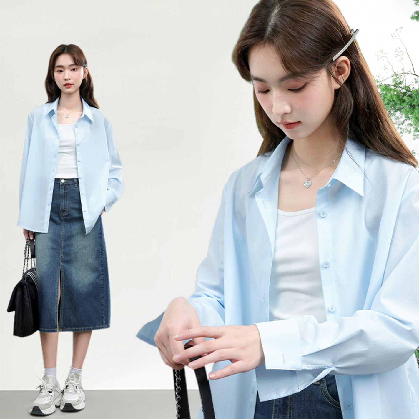 青ファッション 涼感シルエット 長袖ブラウス
