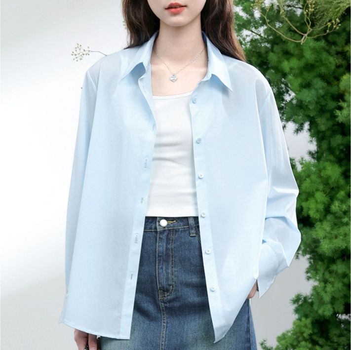 青ファッション 涼感シルエット 長袖ブラウス