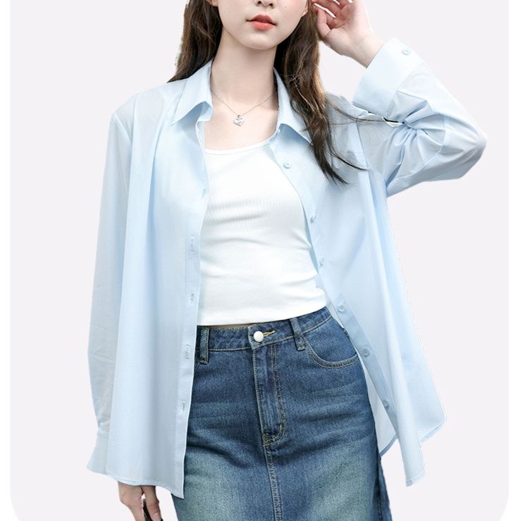 青ファッション 涼感シルエット 長袖ブラウス