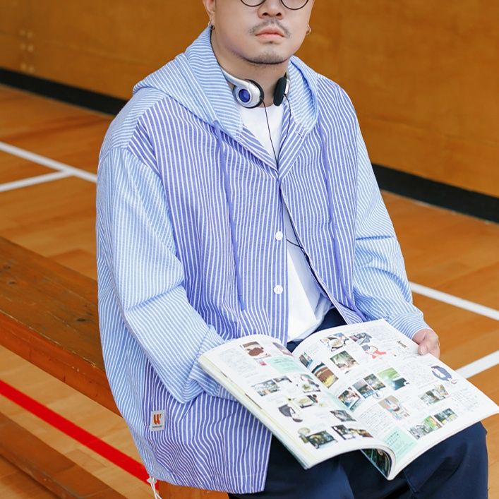 青ファッション 縦縞リラックスフードパーカー