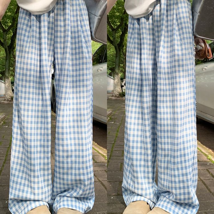 青ファッション 格子柄ゆったりワイドパンツ