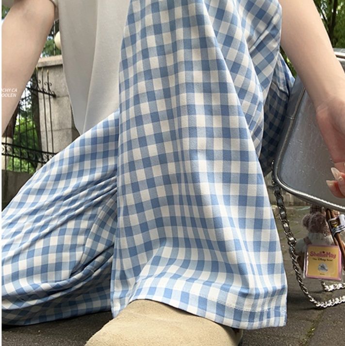 青ファッション 格子柄ゆったりワイドパンツ