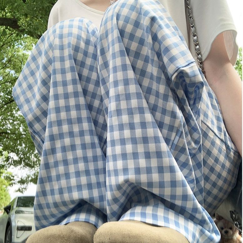 青ファッション 格子柄ゆったりワイドパンツ